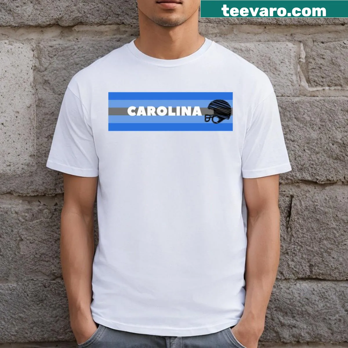 Carolina Football themed T-shirt with team graphics — on a men's t-shirt