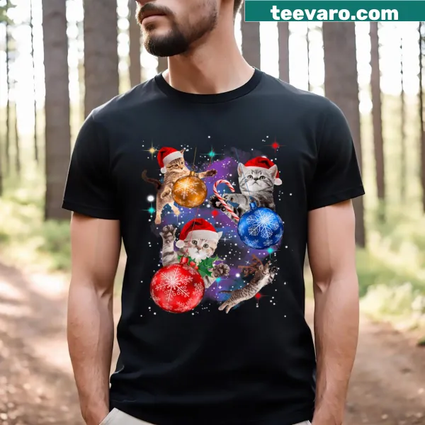 Adorable cats in space with ornaments graphic t-shirt