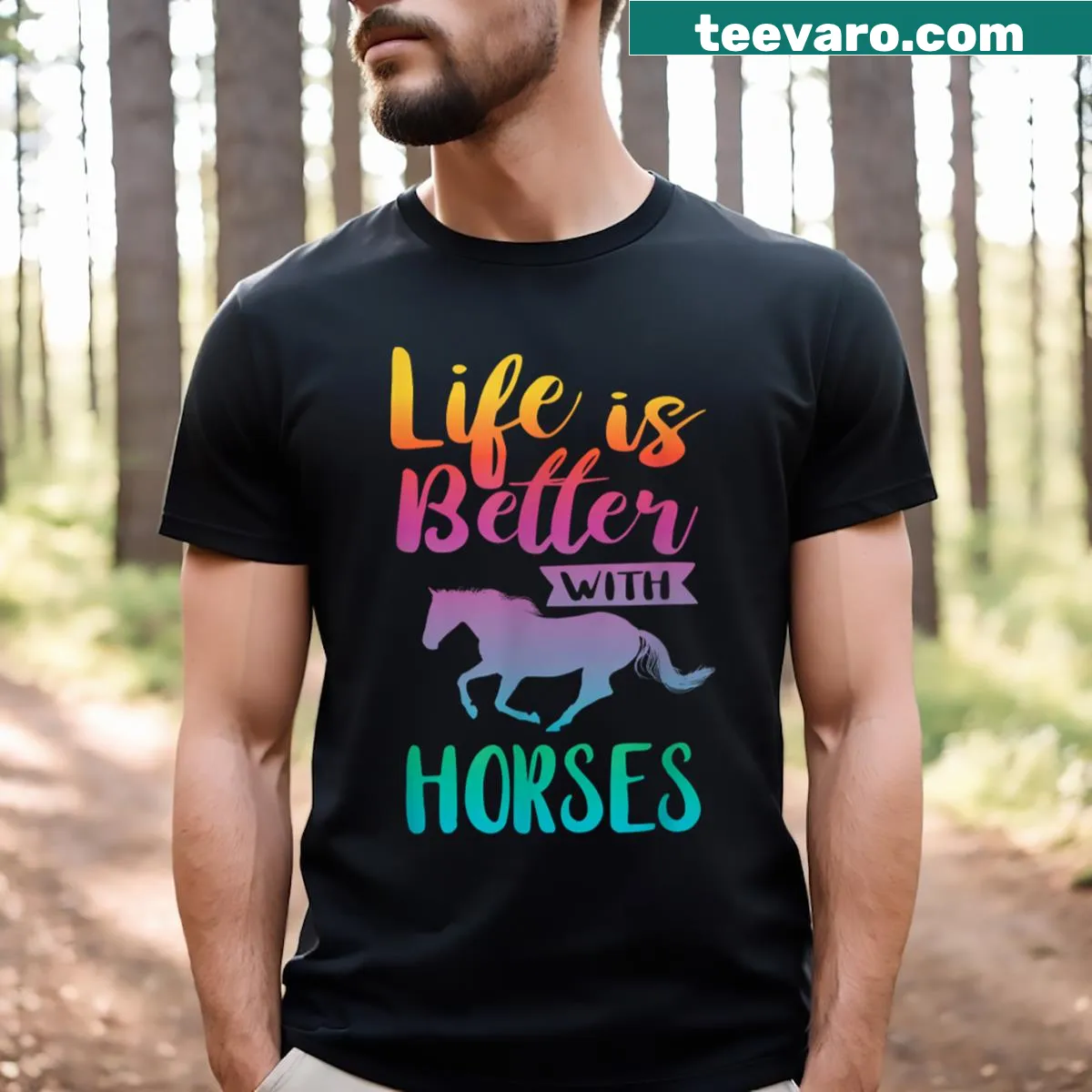 T-shirt with 'Life Is Better With Horses' text for horseback riding fans. — on a men's t-shirt