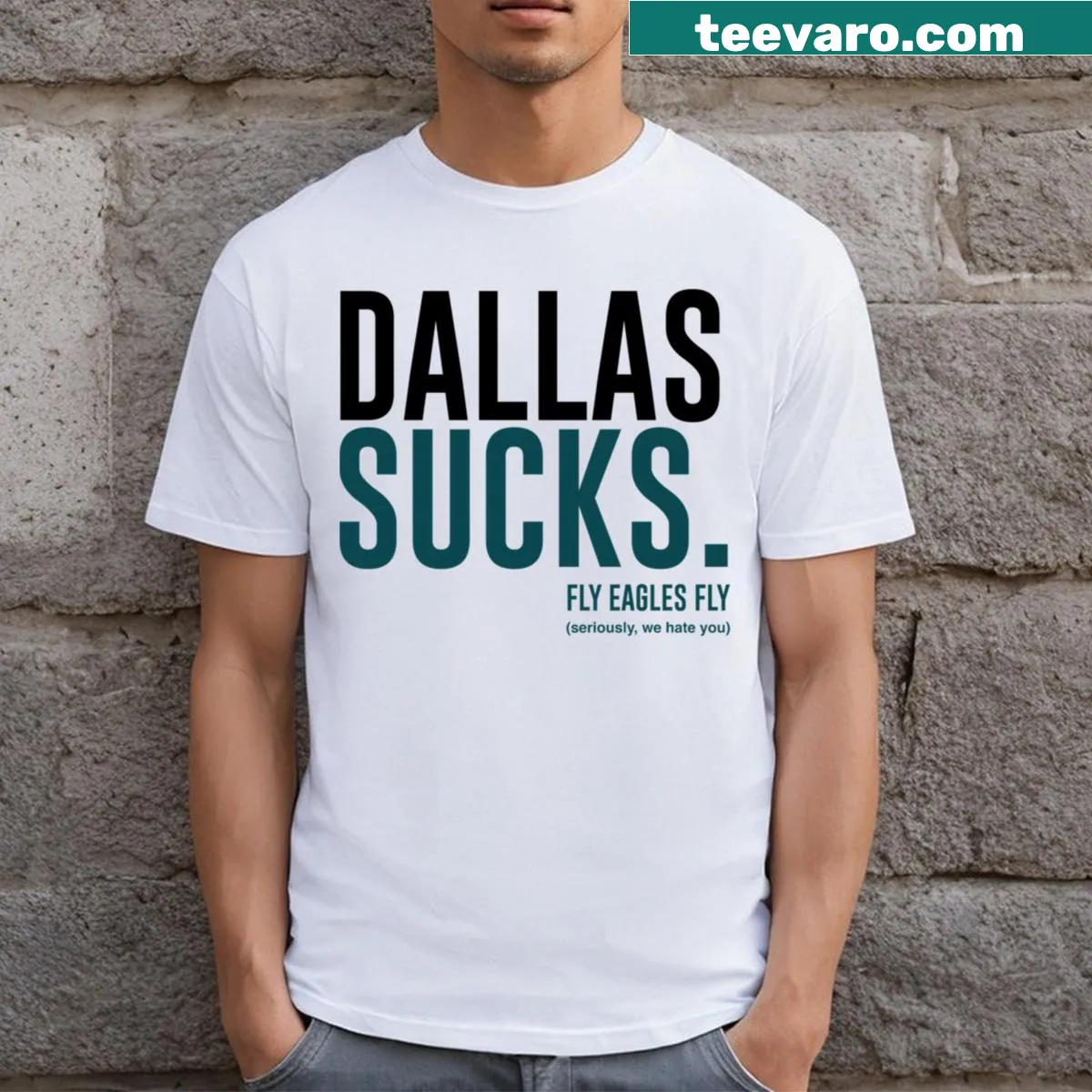 Bold typography shirt with a humorous message about Dallas — on a men's t-shirt