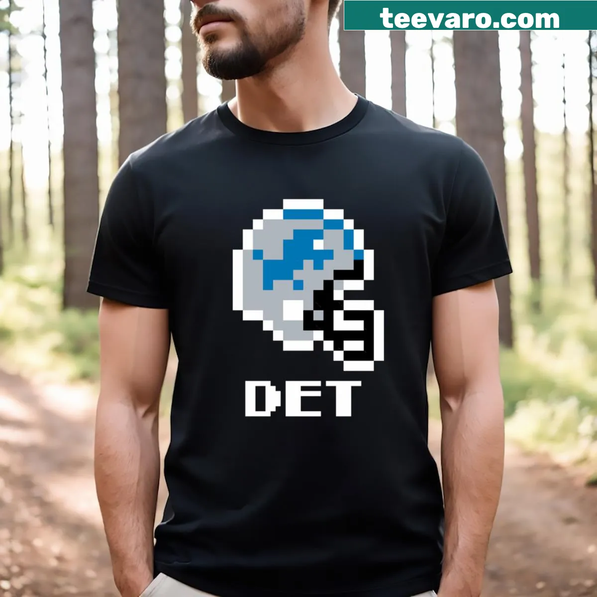 Detroit Lions helmet graphic T-shirt inspired by Tecmo Super Bowl — on a men's t-shirt