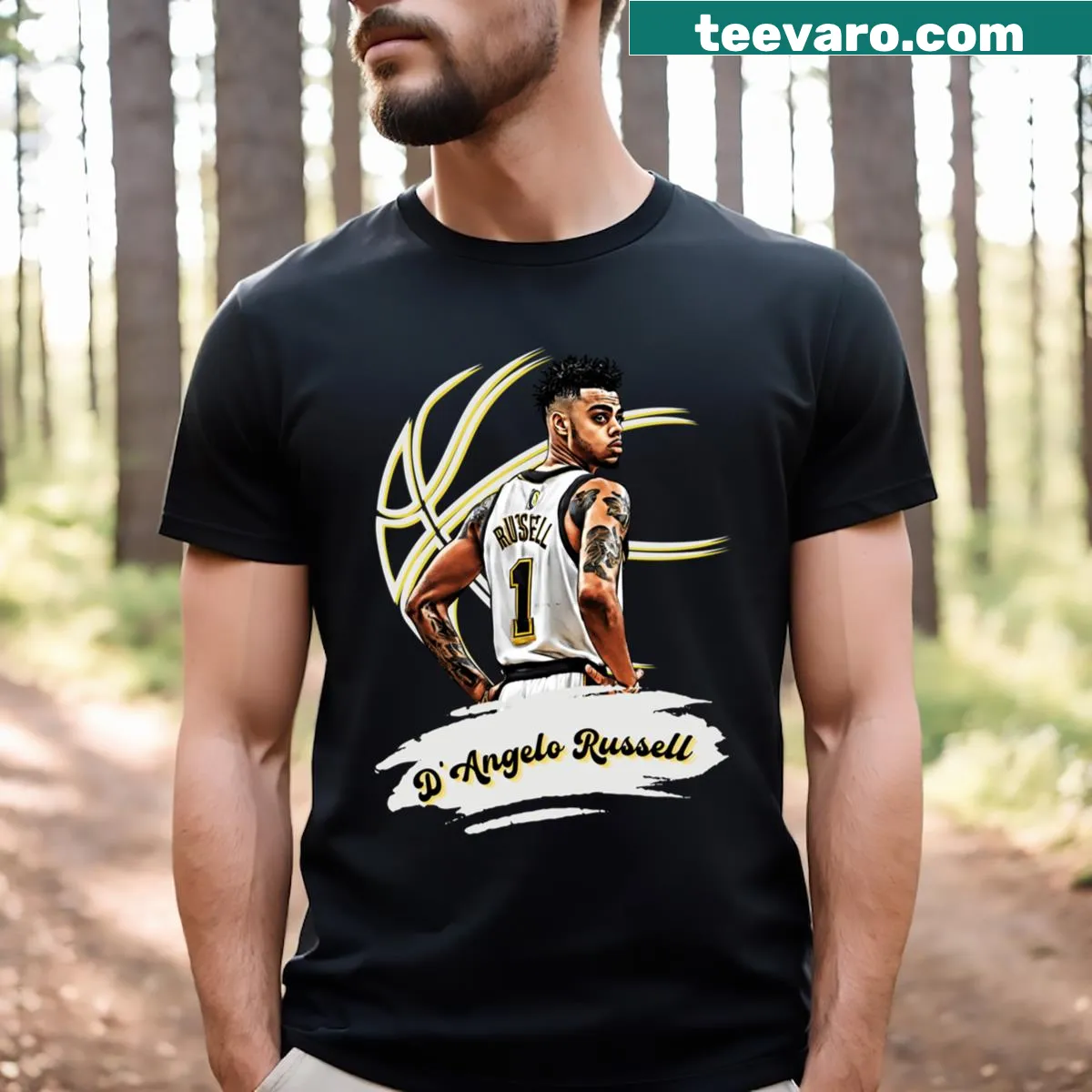 Bold typography T-shirt featuring D'Angelo Russell's name — on a men's t-shirt