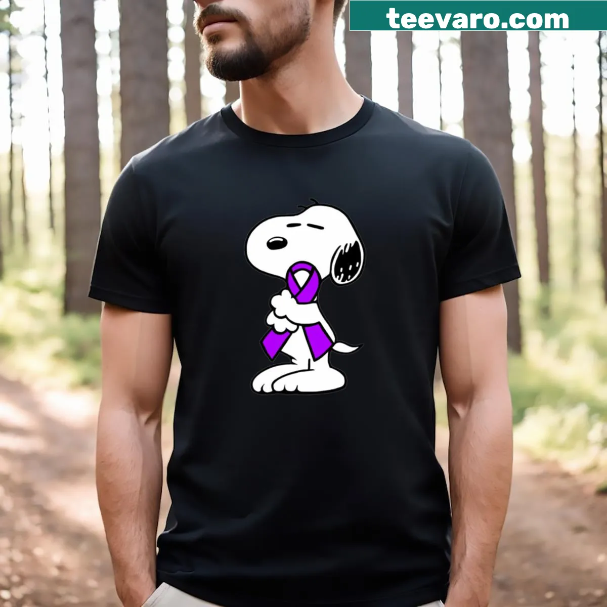 Dog holding an awareness ribbon graphic on a t-shirt — on a men's t-shirt