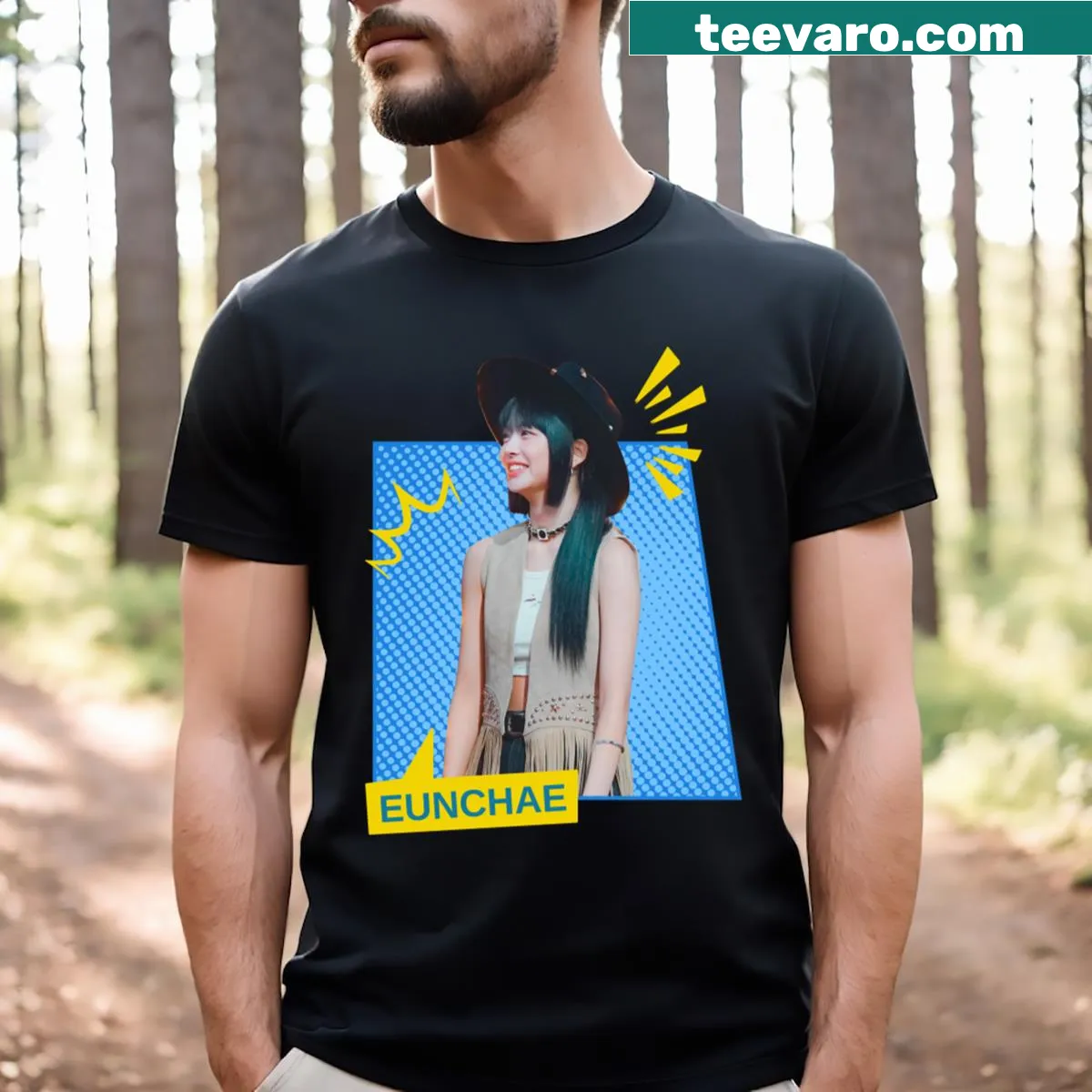 Comic-style graphic of Eunchae from Le Sserafim on a t-shirt — on a men's t-shirt