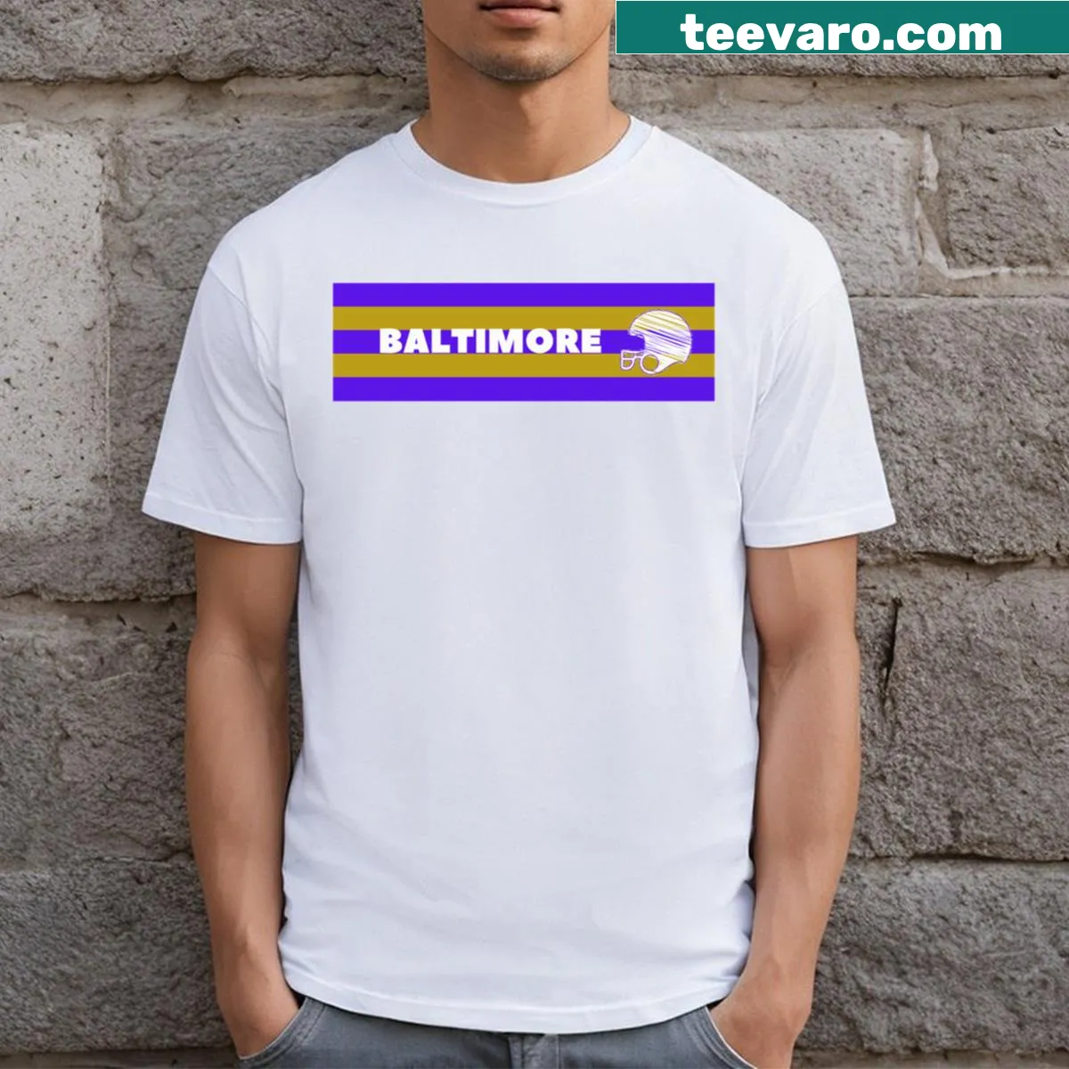 Bold football-themed T-shirt celebrating Baltimore. — on a men's t-shirt