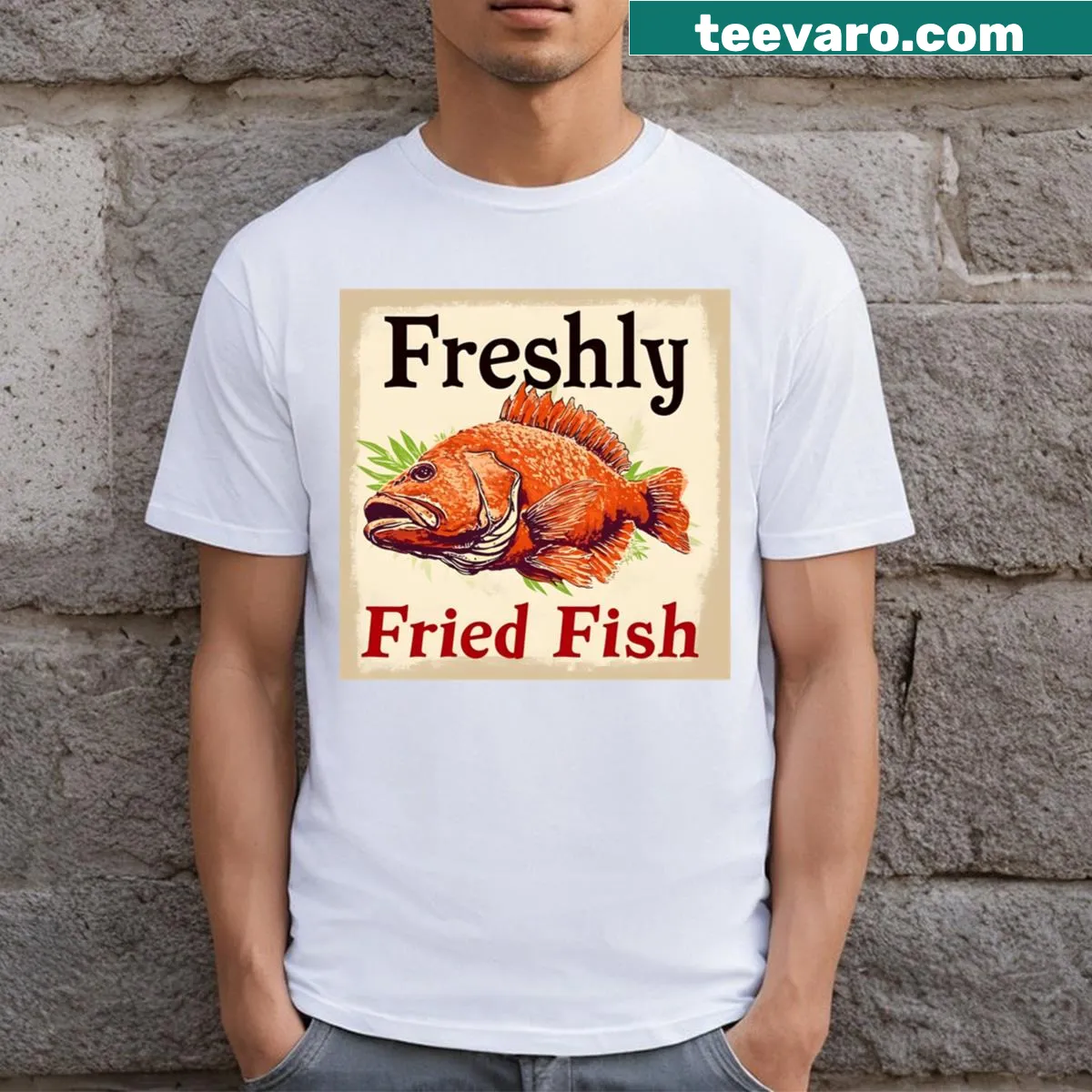 T-shirt featuring playful typography of 'Freshly Fried Fish' for fun phonetic challenge — on a men's t-shirt