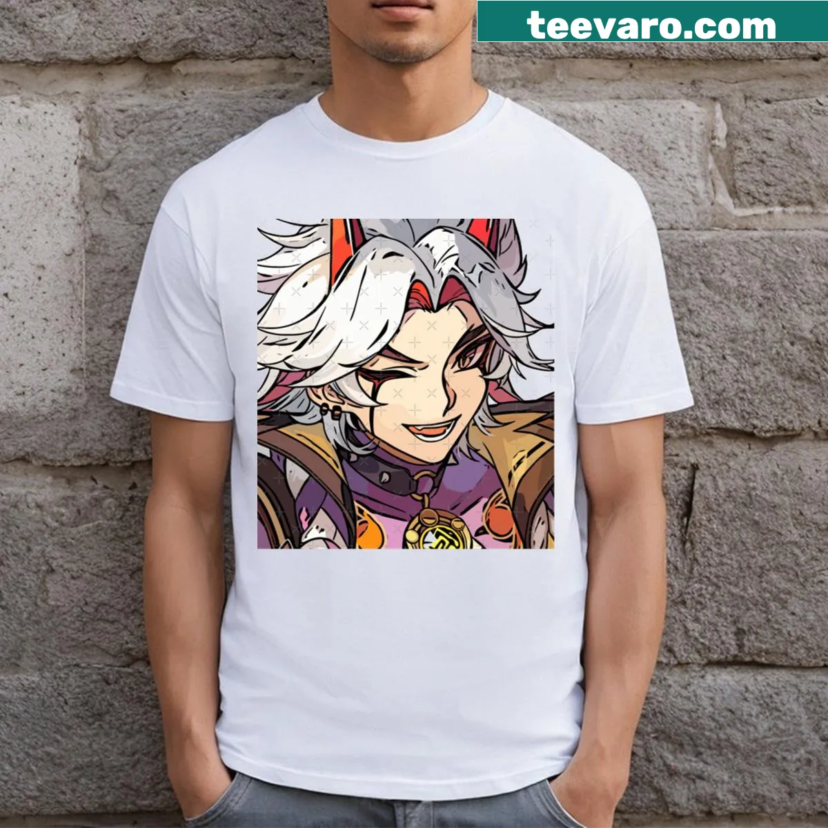 Illustrative design featuring elements from Genshin Impact game — on a men's t-shirt