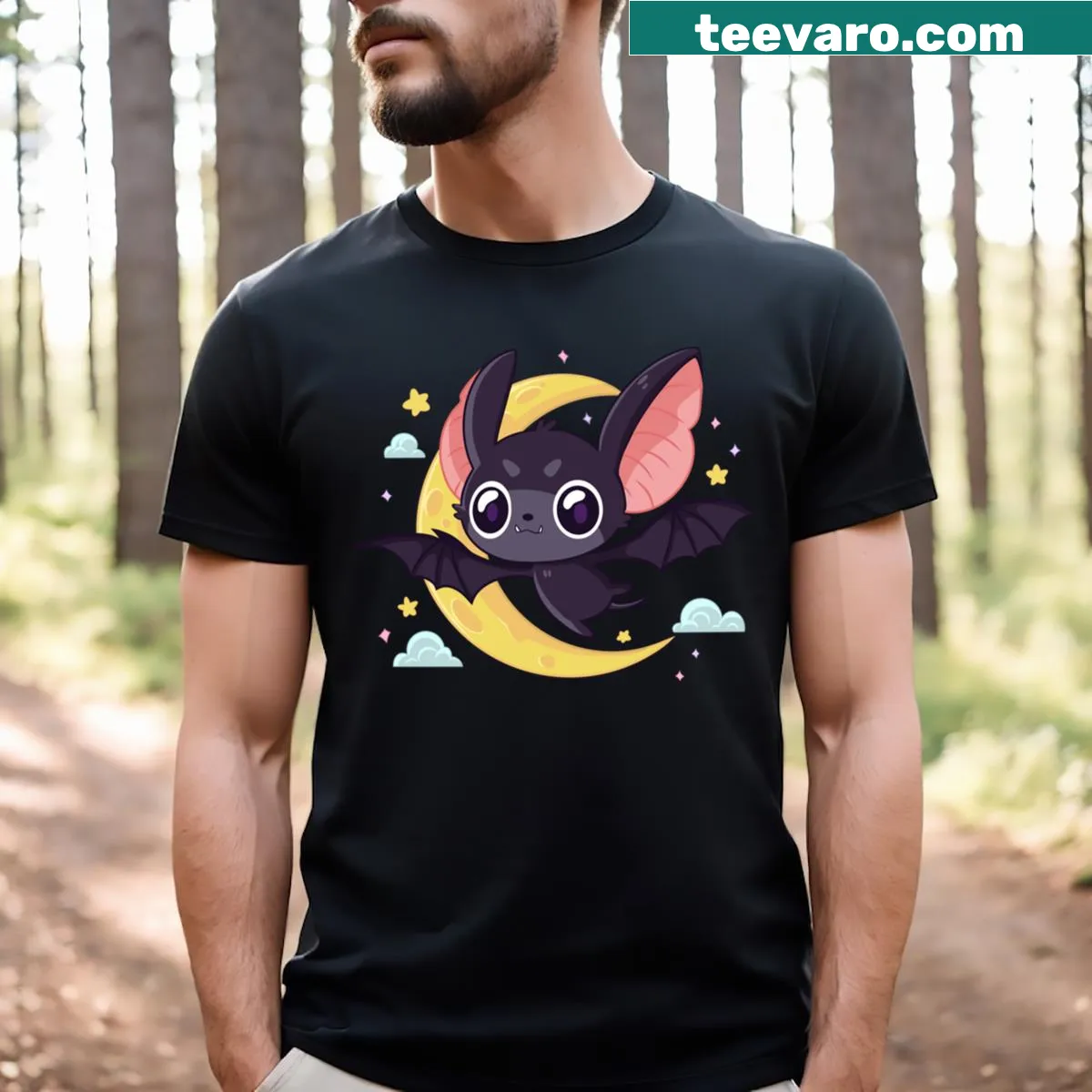 Cartoon bat graphic with goofy features for a fun twist — on a men's t-shirt