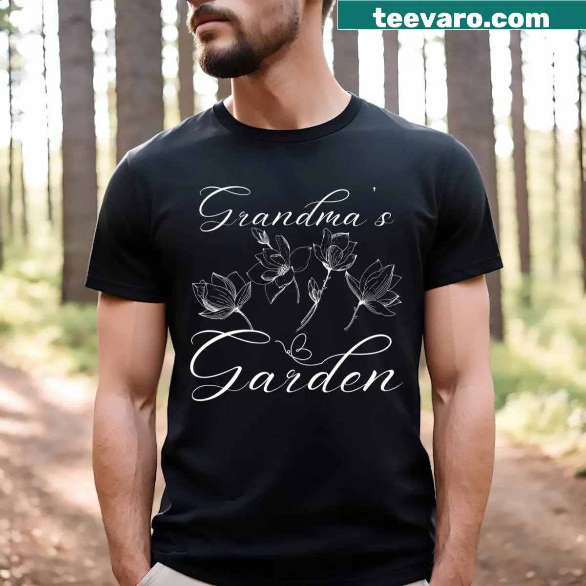 Charming garden-themed illustration celebrating grandmothers — on a men's t-shirt