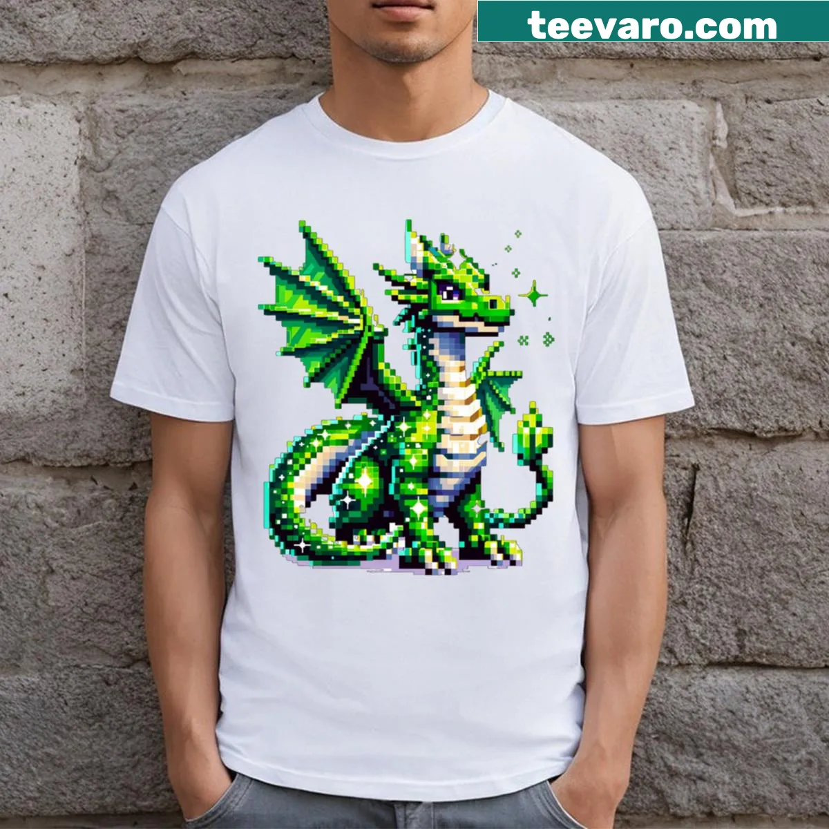 Playful pixel dragon illustration with sparkling effects — on a men's t-shirt
