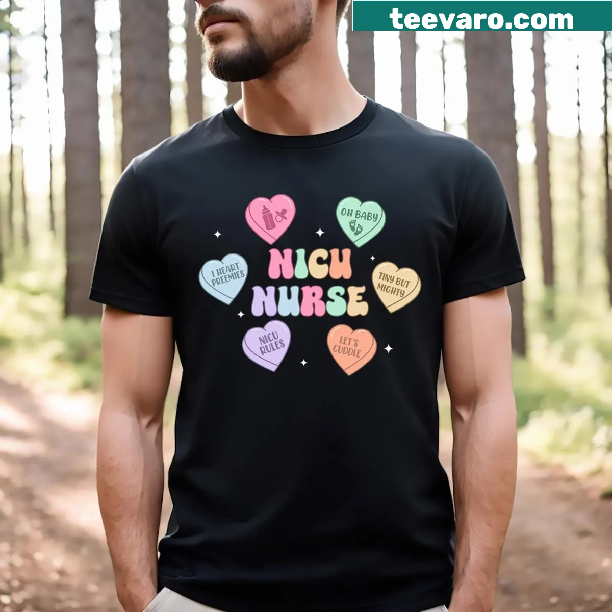 Valentine's themed NICU nurse shirt with heart candy illustration — on a men's t-shirt