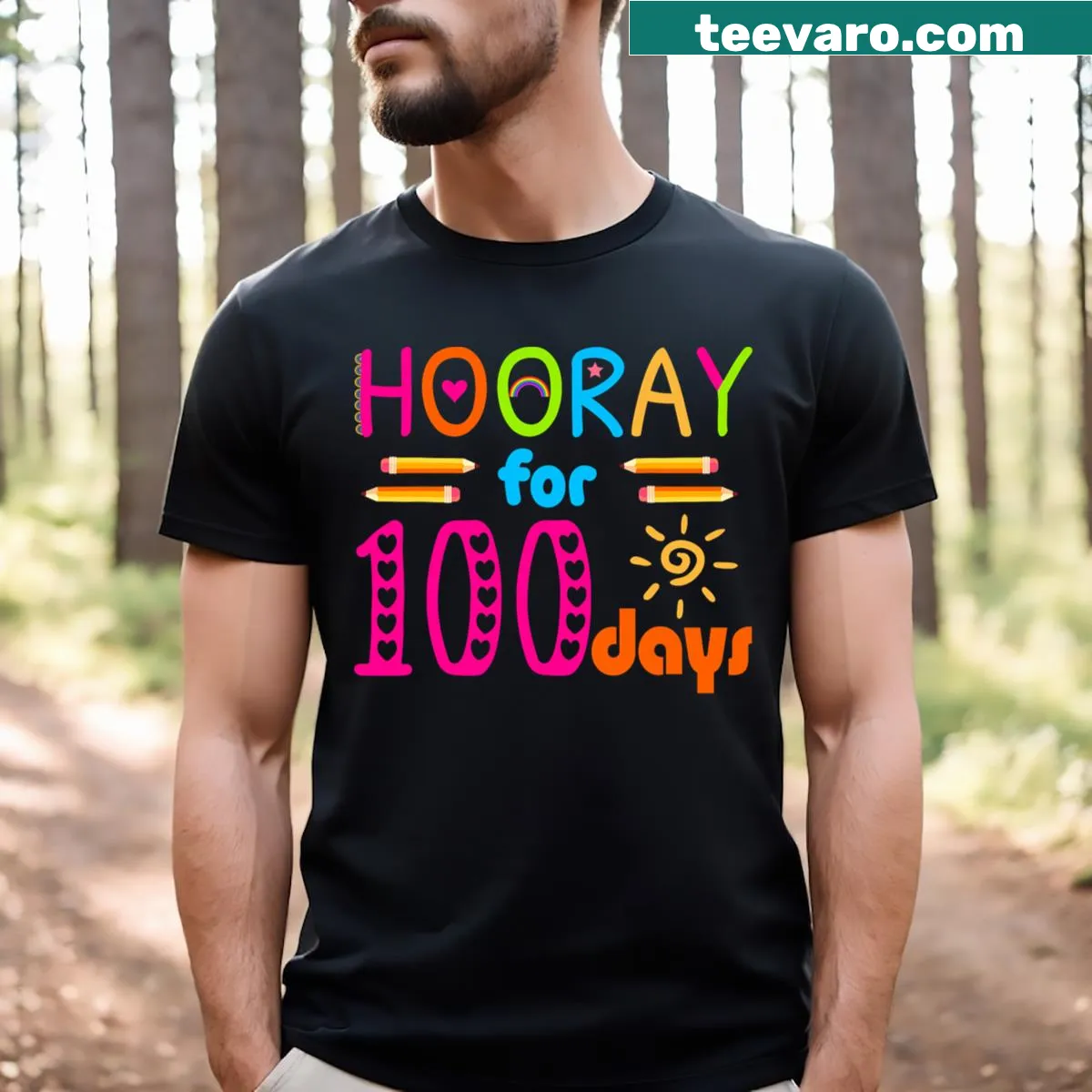 Graphic T-shirt celebrating 100th day of school with fun illustrations — on a men's t-shirt