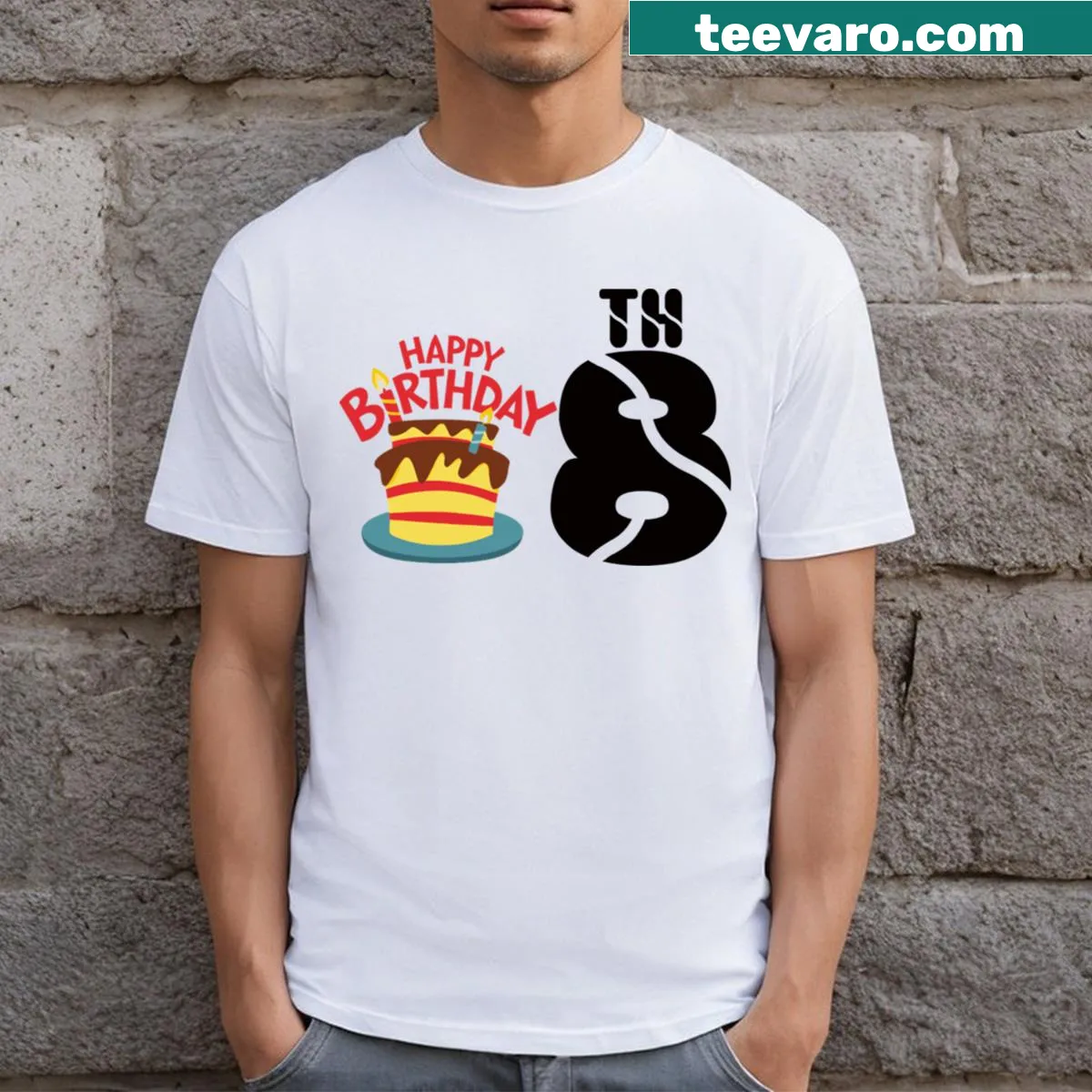 Colorful Happy Birthday 8th t-shirt design for kids — on a men's t-shirt