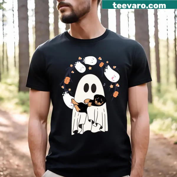 Cartoon dog meeting a friendly ghost on a Haunted Dog t-shirt