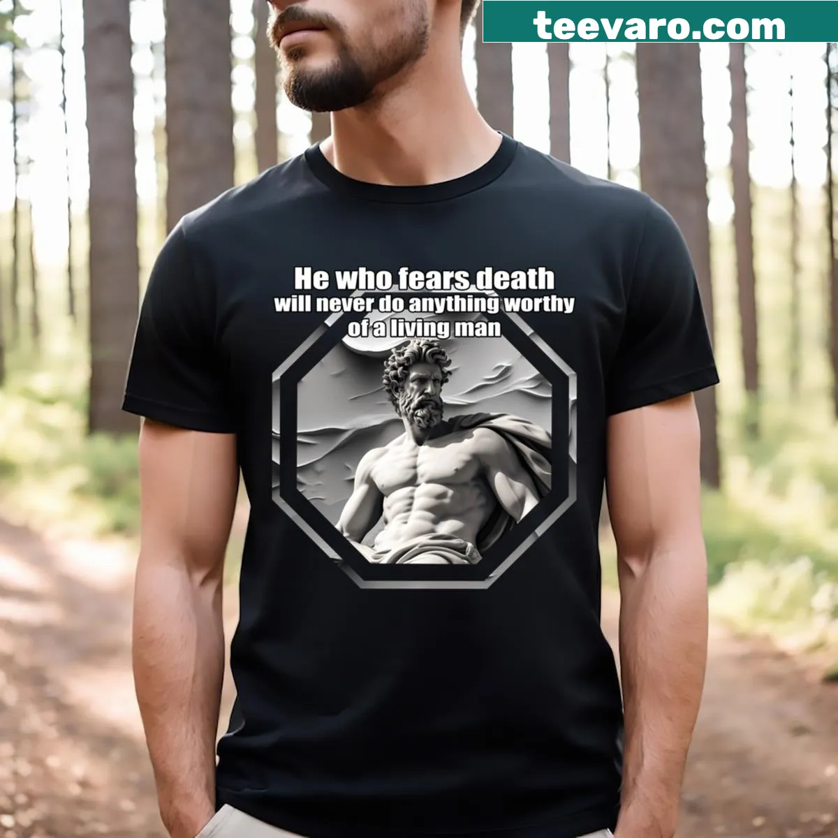 He Who Fears Death quote in bold typography on T-shirt — on a men's t-shirt