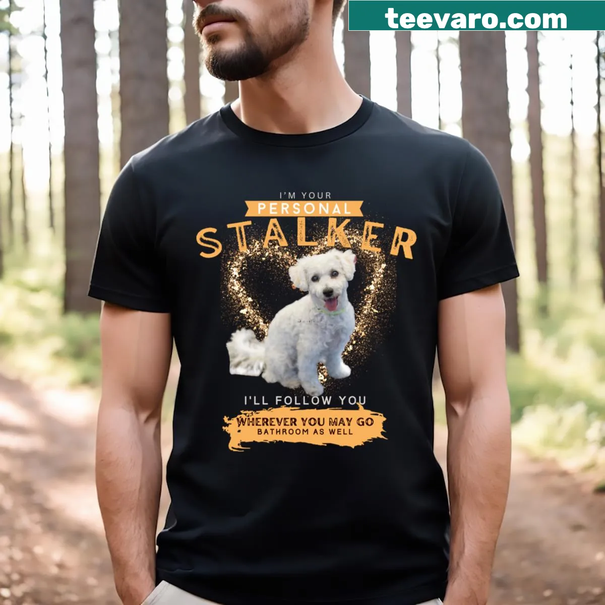 Funny dog lover t-shirt with poodle text — on a men's t-shirt