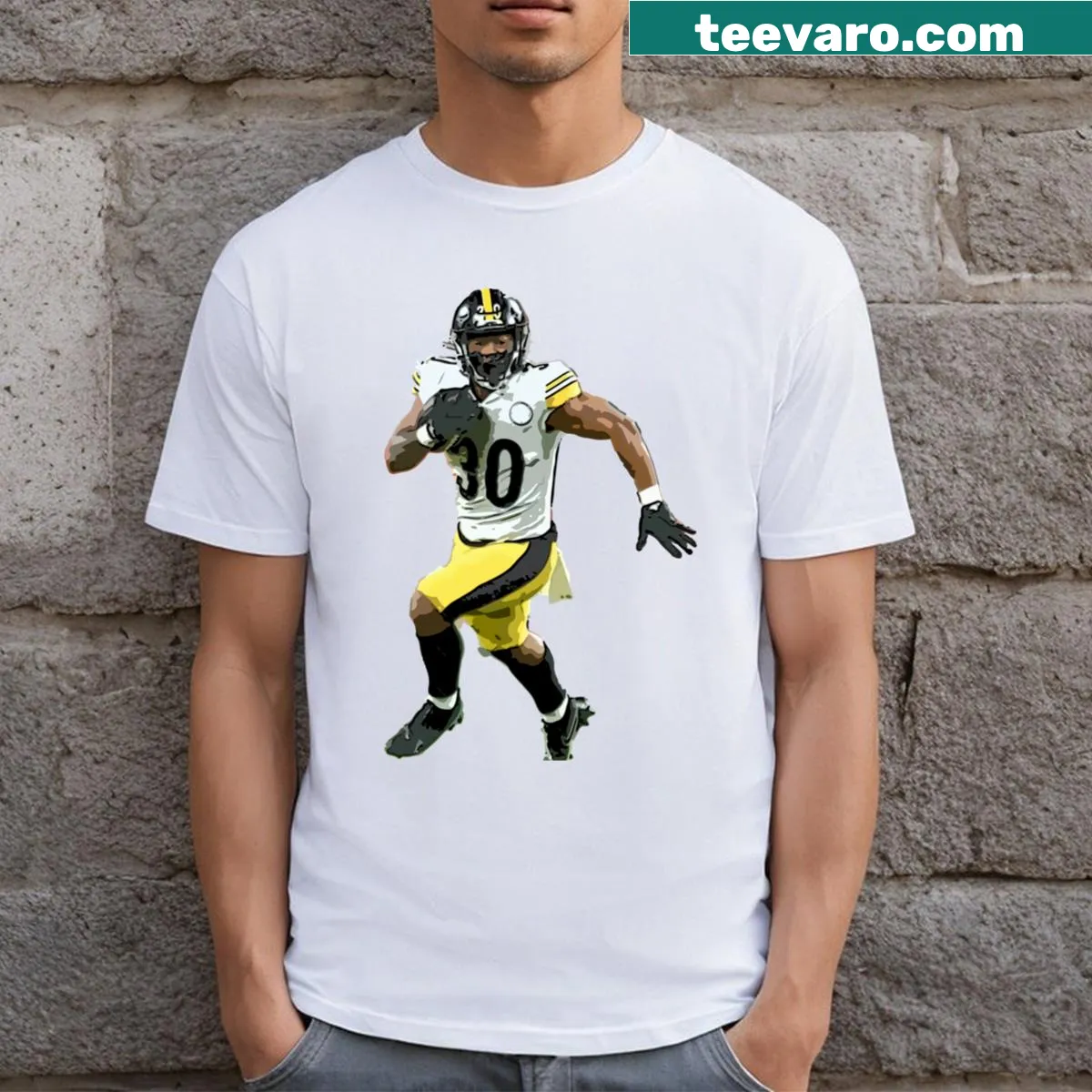 Illustrative t-shirt featuring Jaylen Warren with dynamic graphics — on a men's t-shirt