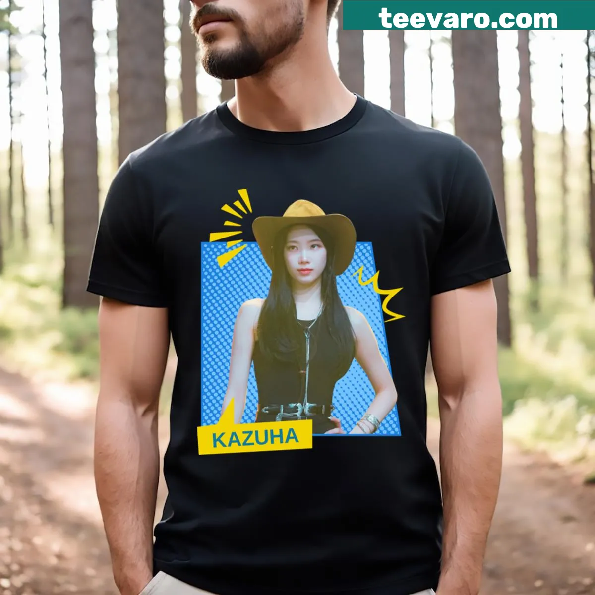 Comic-style Kazuha from Le Sserafim T-shirt with bold illustration — on a men's t-shirt