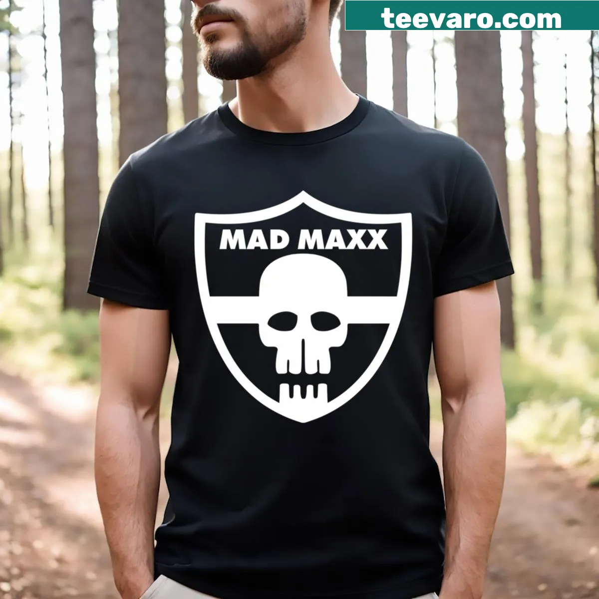 T-shirt with a shield design inspired by Mad Maxx Crosby — on a men's t-shirt