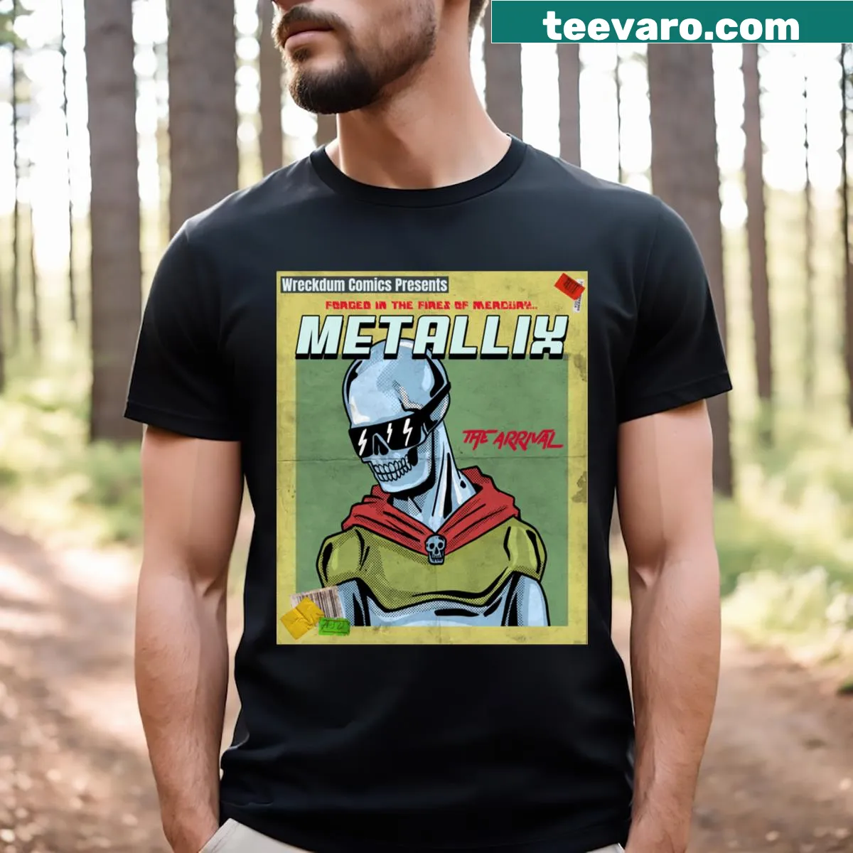 Dynamic t-shirt featuring a heavy metal inspired design — on a men's t-shirt