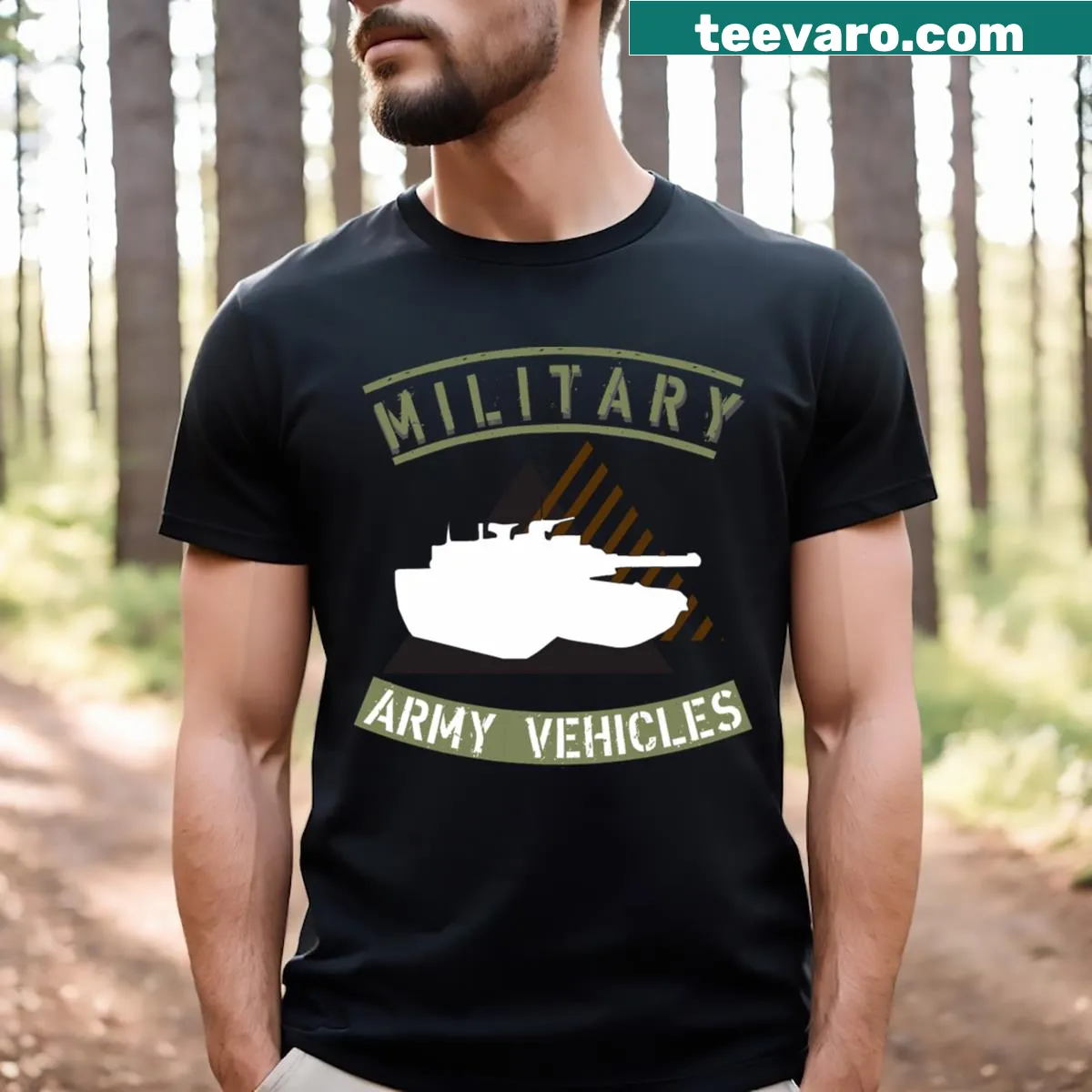 Silhouette of a tank on a background of triangular figures — on a men's t-shirt