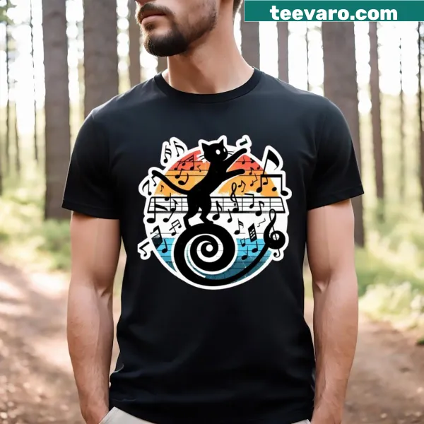 Cartoon cat graphics themed around music on T-shirt