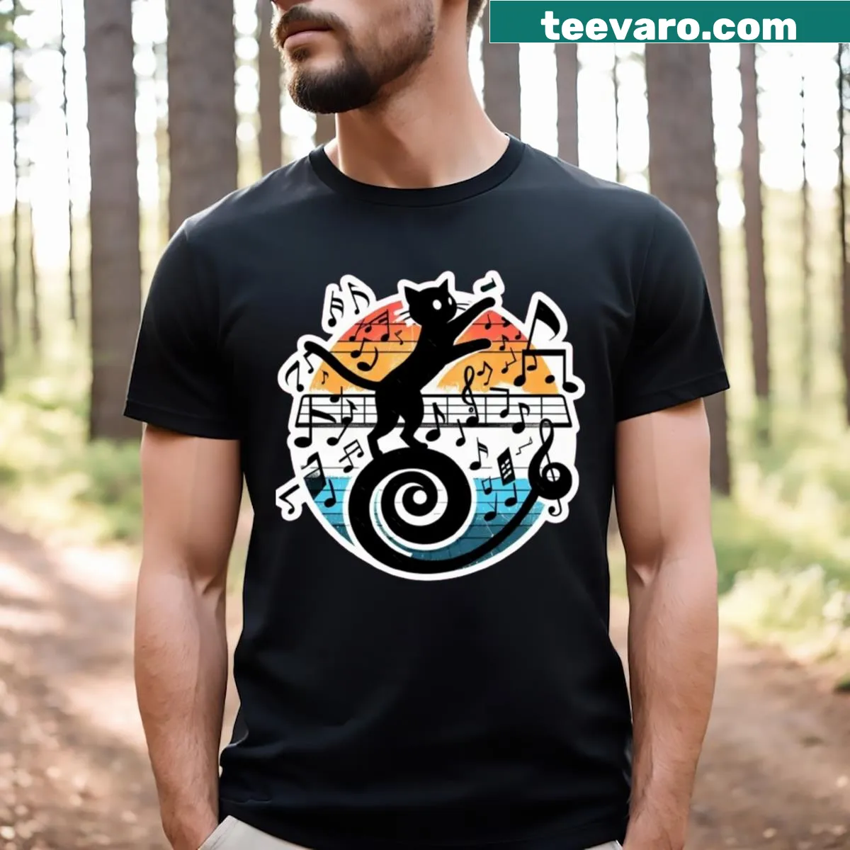 Cartoon cat graphics themed around music on T-shirt — on a men's t-shirt