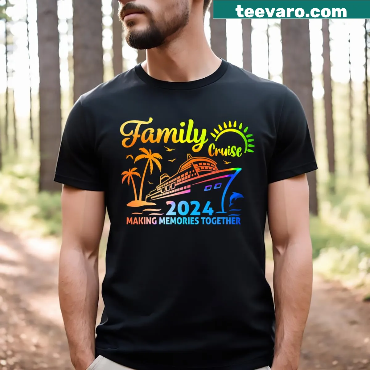 Matching family cruise T-shirt with playful cruise ship graphic. — on a men's t-shirt
