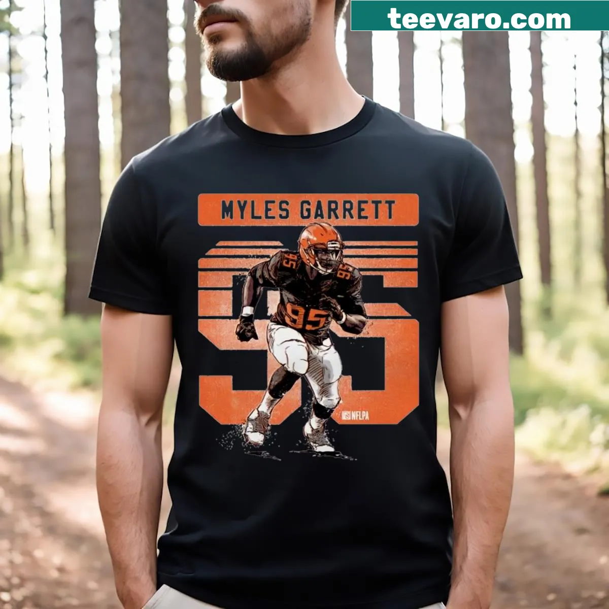 Cleveland Browns fan t-shirt featuring Myles Garrett's number 95 — on a men's t-shirt