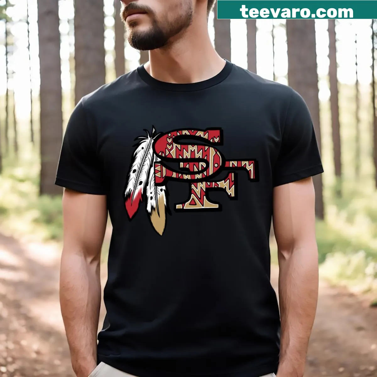 Native American 49ers logo on sports T-shirt — on a men's t-shirt