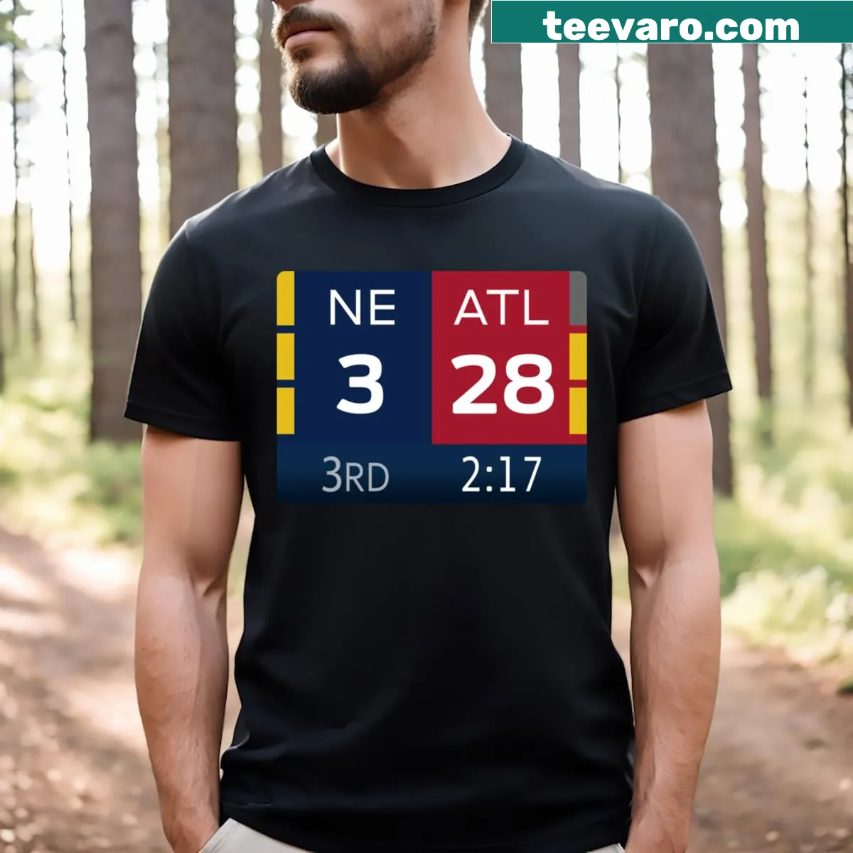 T-shirt featuring the score 'Ne 3 Atl 28' in bold text. — on a men's t-shirt