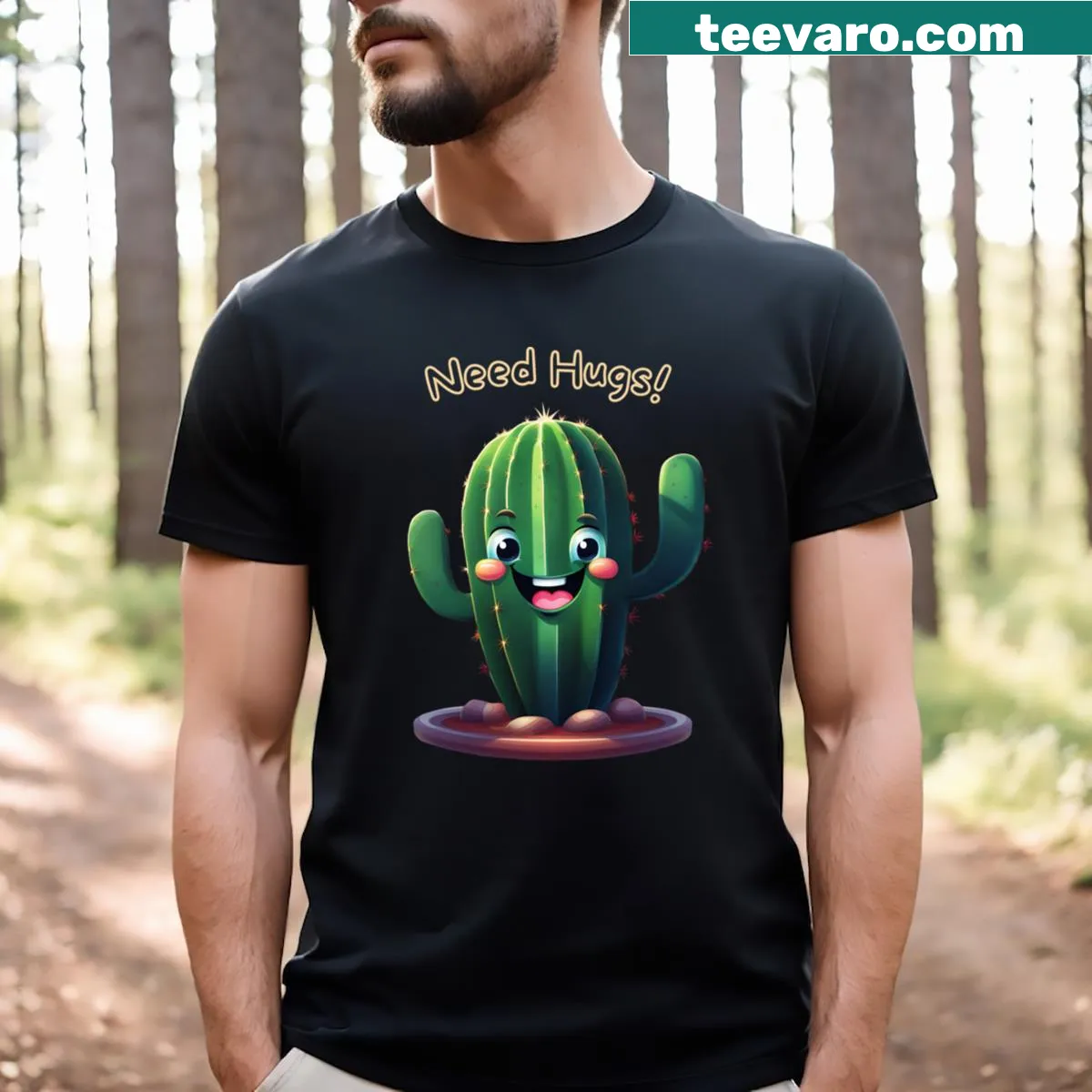 Happy cartoon cactus design on T-shirt asking for hugs — on a men's t-shirt