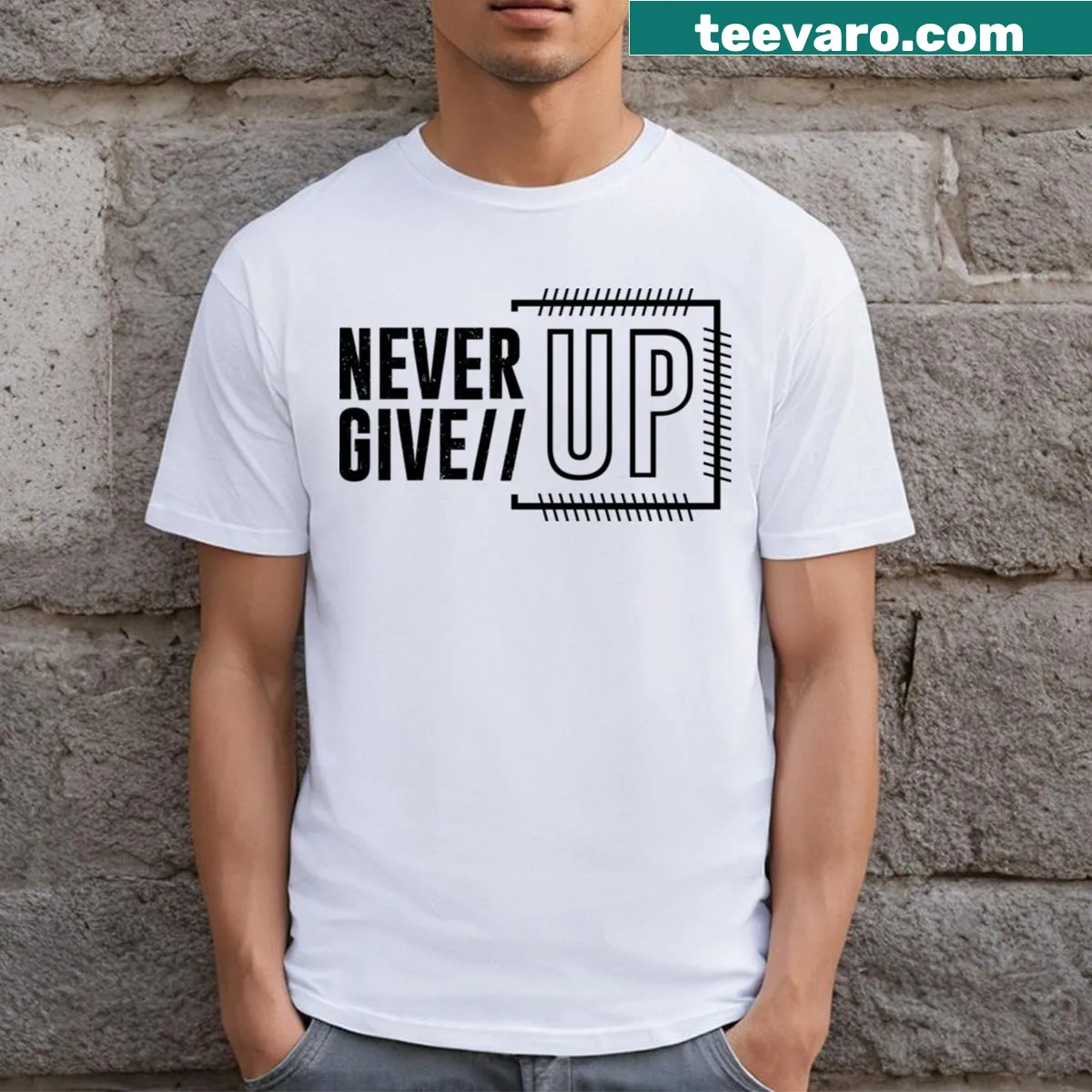Inspirational T-shirt featuring the phrase 'Never Give Up'. — on a men's t-shirt