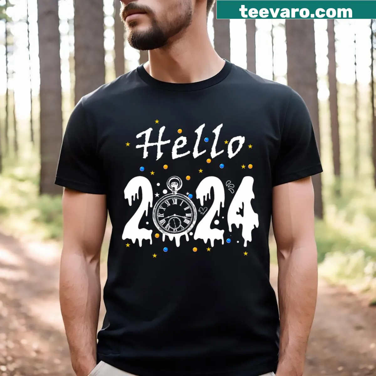 New Year T-shirt with 'Hello 2024' in playful typography — on a men's t-shirt