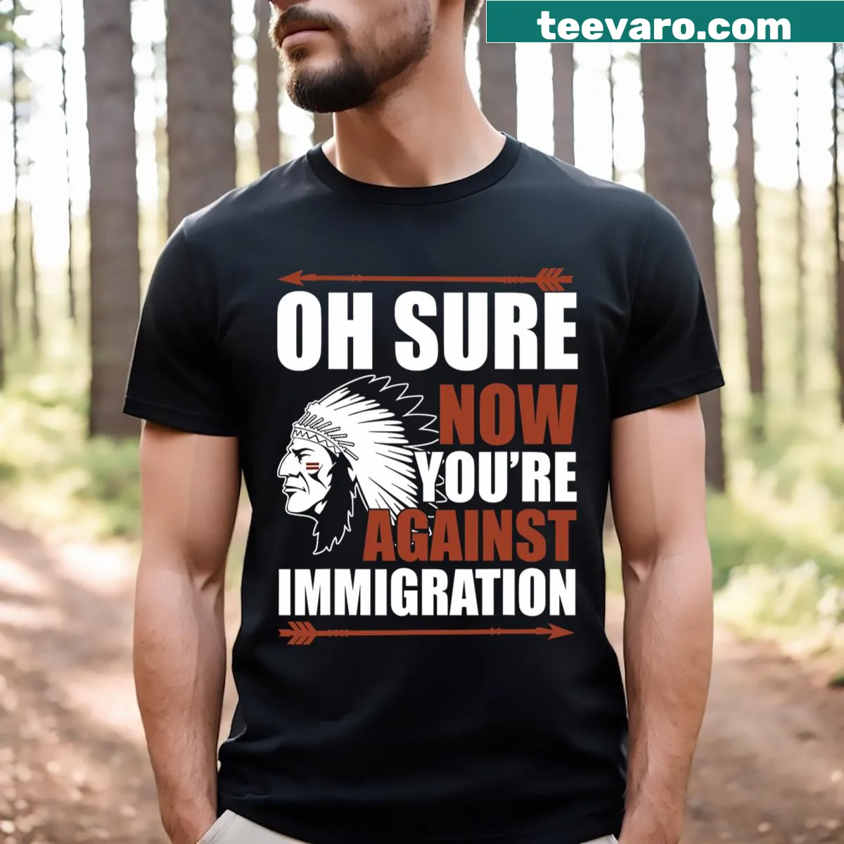 Bold text humorously addressing immigration opinions on a t-shirt — on a men's t-shirt
