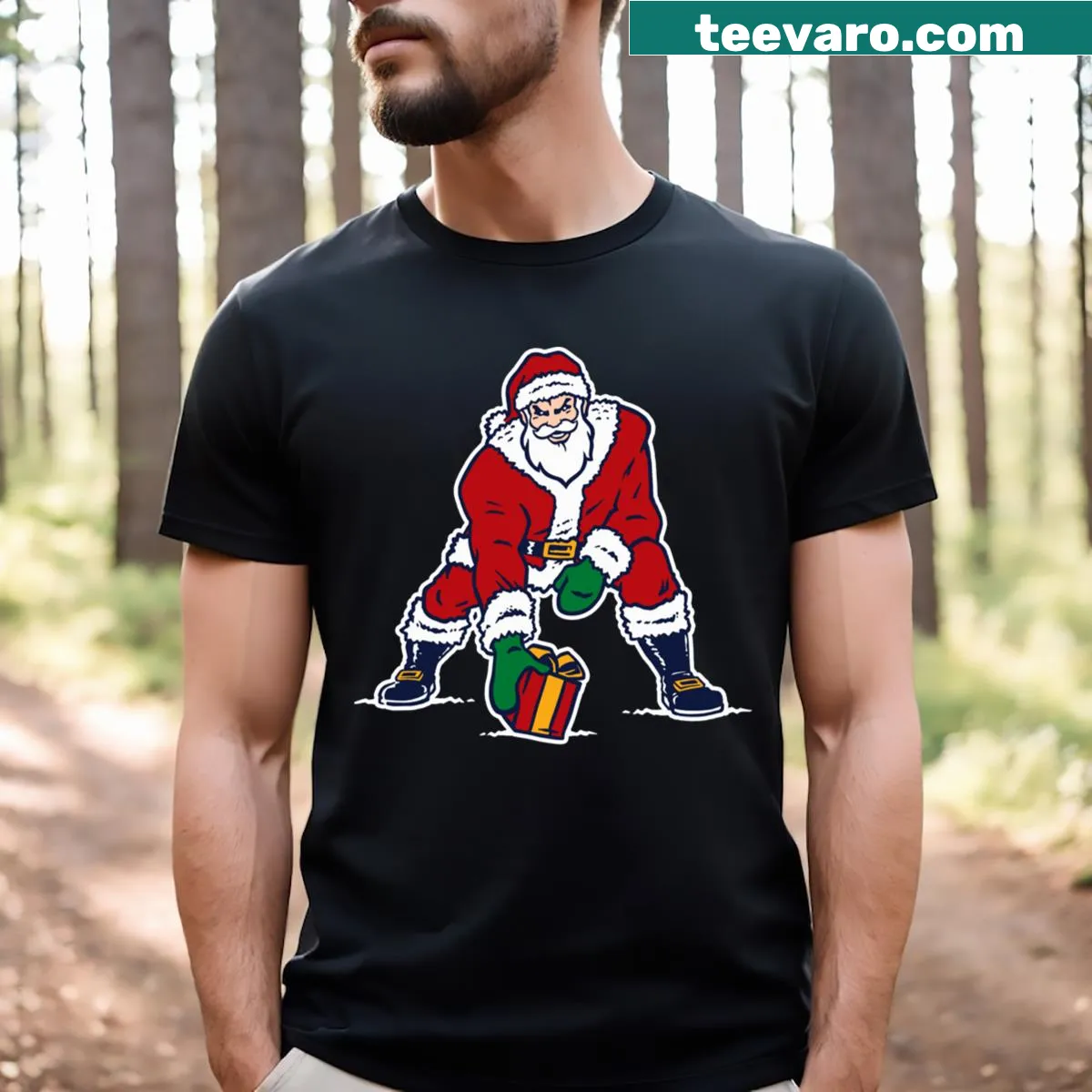 Santa-themed Old School Patriots logo t-shirt — on a men's t-shirt