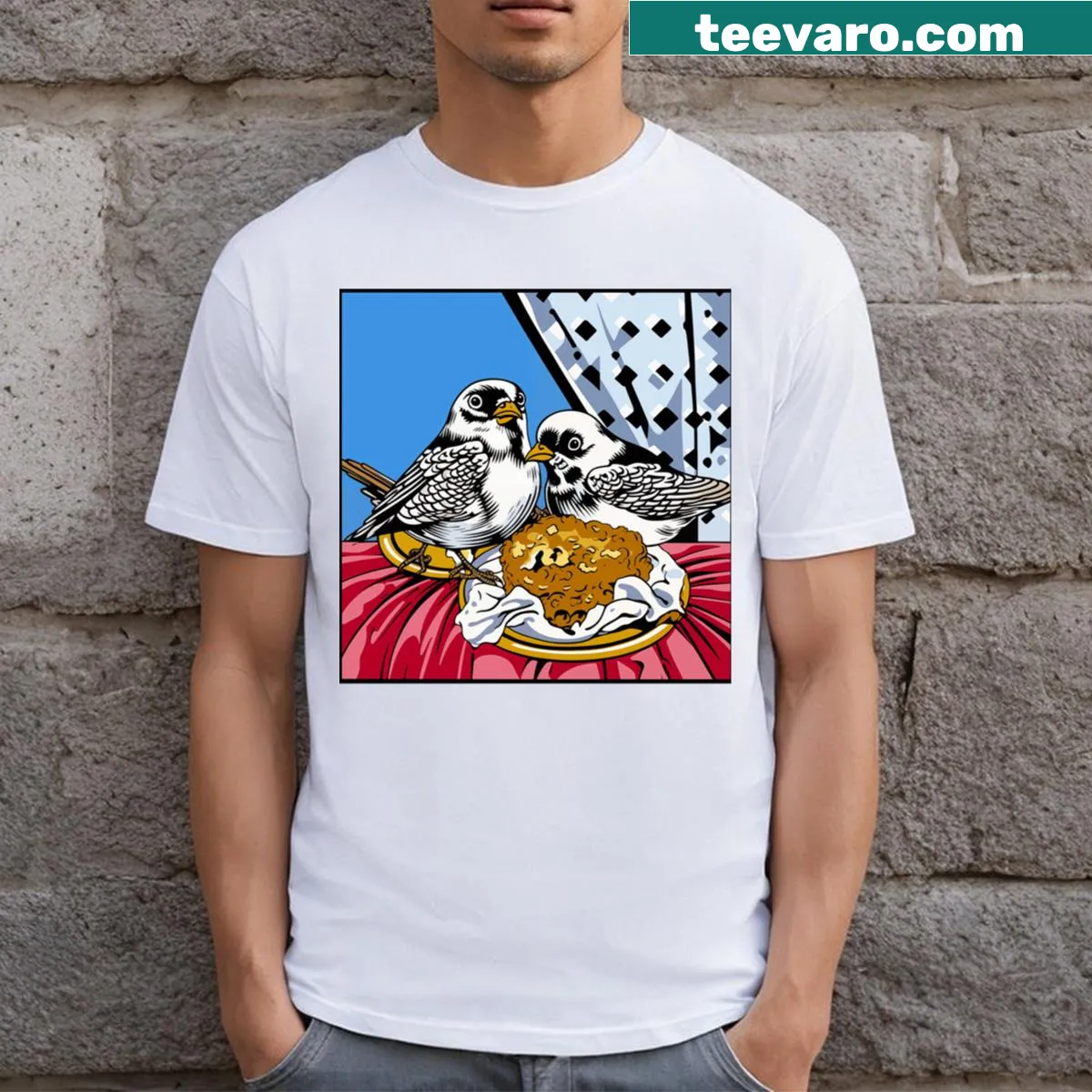 Pop art style birds graphic on a t-shirt — on a men's t-shirt