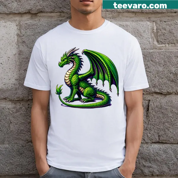 Illustrated green dragon T-shirt featuring a whimsical design