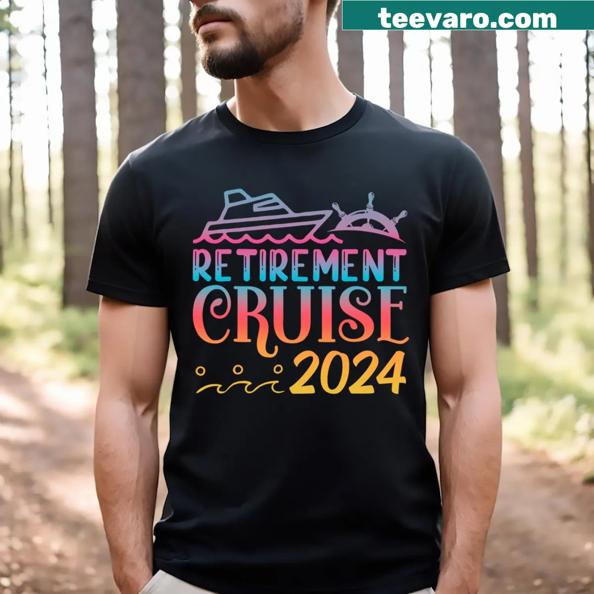 'Retirement Cruise 2024' text on T-shirt — on a men's t-shirt