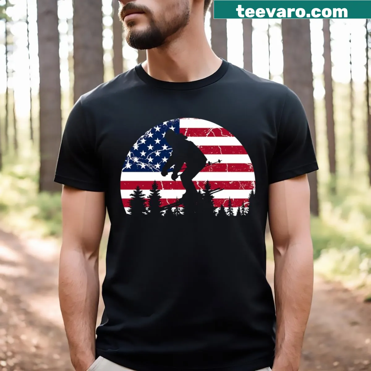 T-shirt with American flag and skiing design — on a men's t-shirt