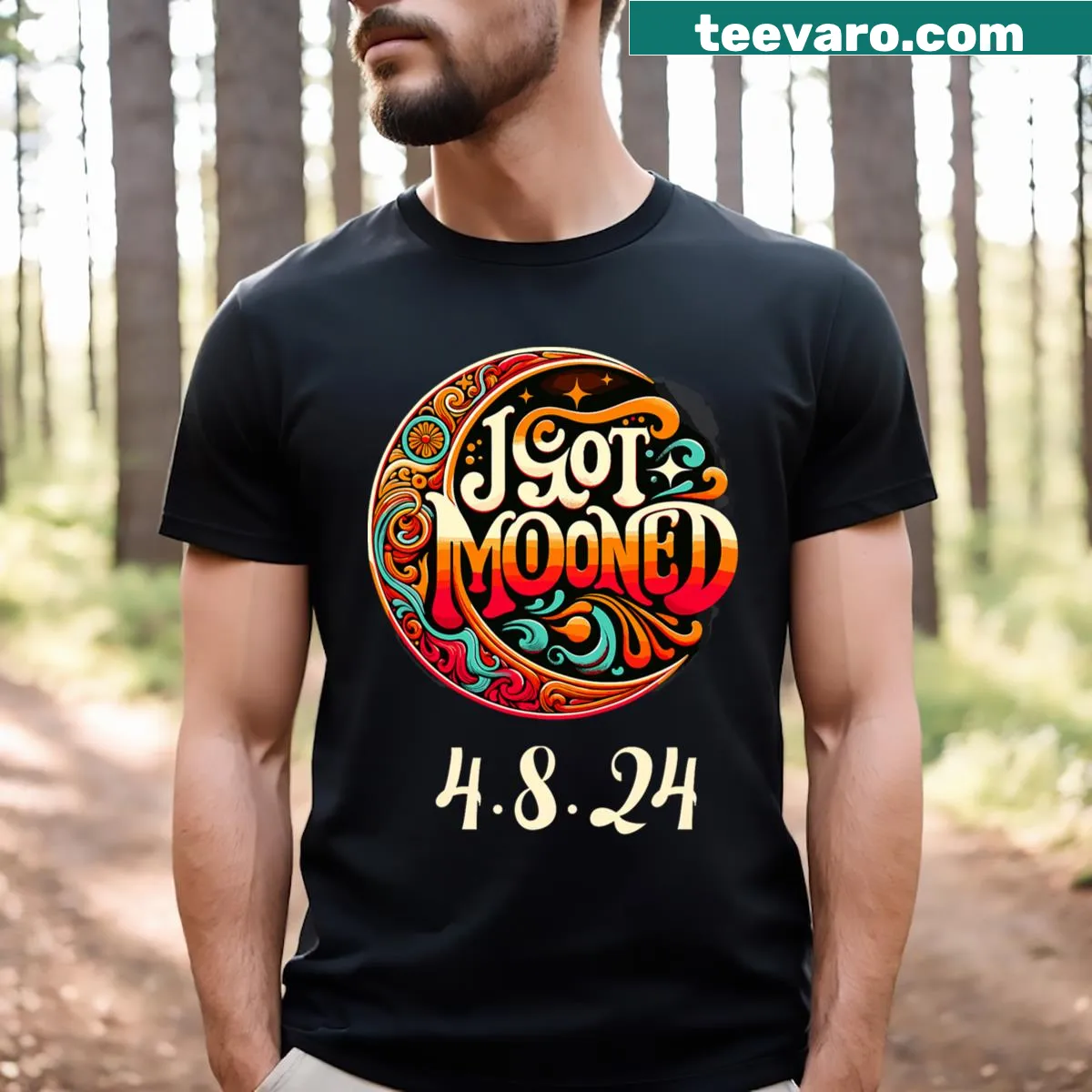 Funny T-shirt with eclipse theme saying I Got Mooned — on a men's t-shirt