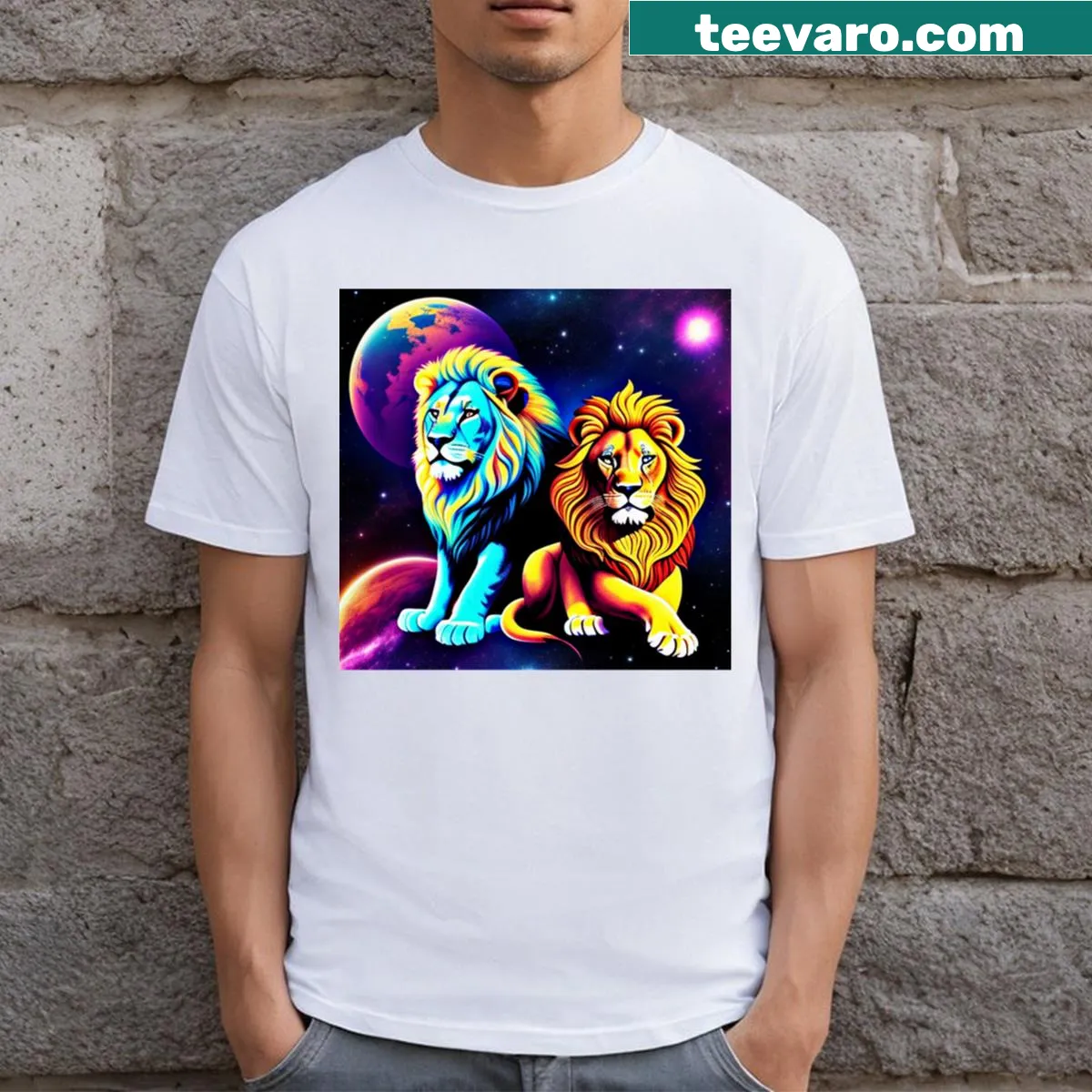 Illustrative t-shirt featuring lions in a cosmic space scene — on a men's t-shirt