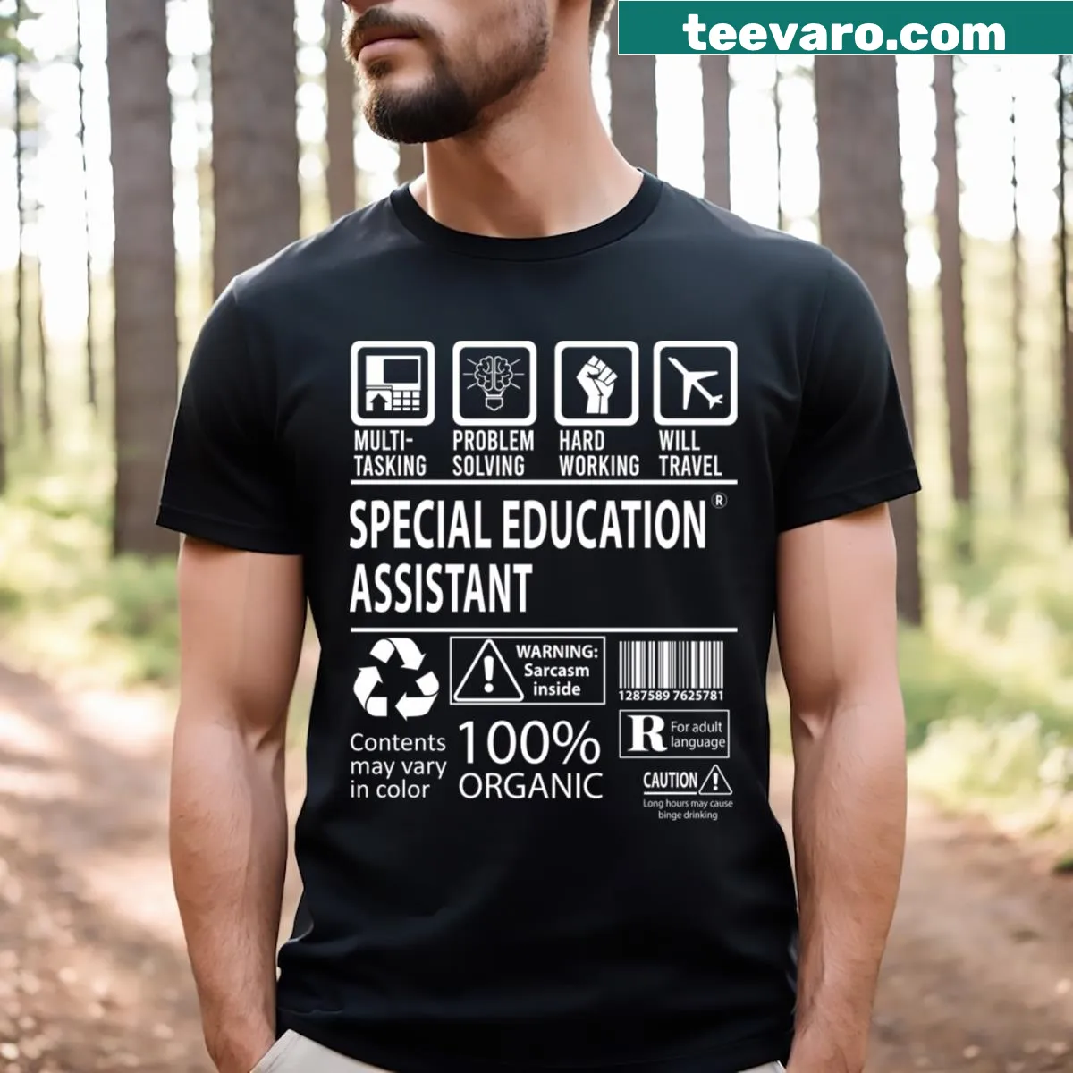 Typographic design celebrating special education assistants and multitasking — on a men's t-shirt