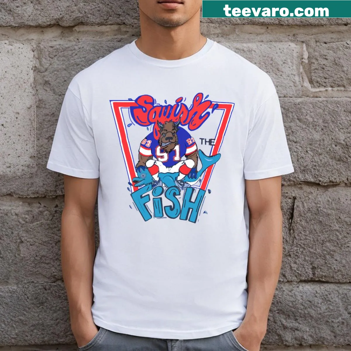 Cute fish illustration T-shirt with the phrase 'Squish The Fish' — on a men's t-shirt