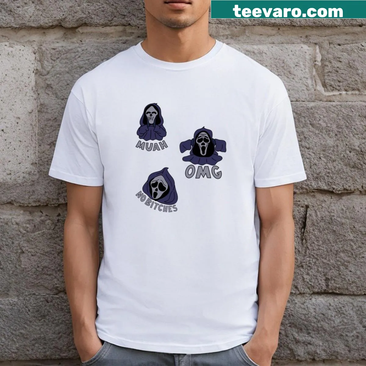 Ghostface inspired horror movie graphic t-shirt — on a men's t-shirt