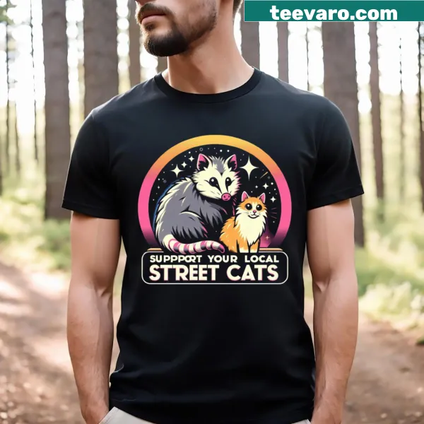 Illustration of street cats with a supportive message on a T-shirt
