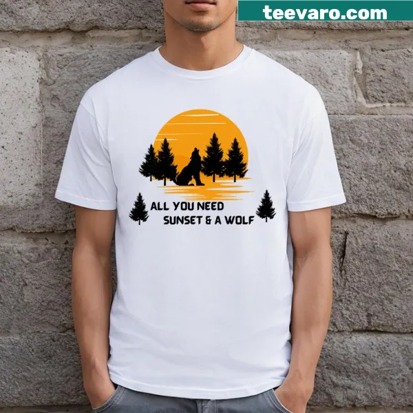 Illustrated sunset t-shirt featuring a silhouette of a wolf