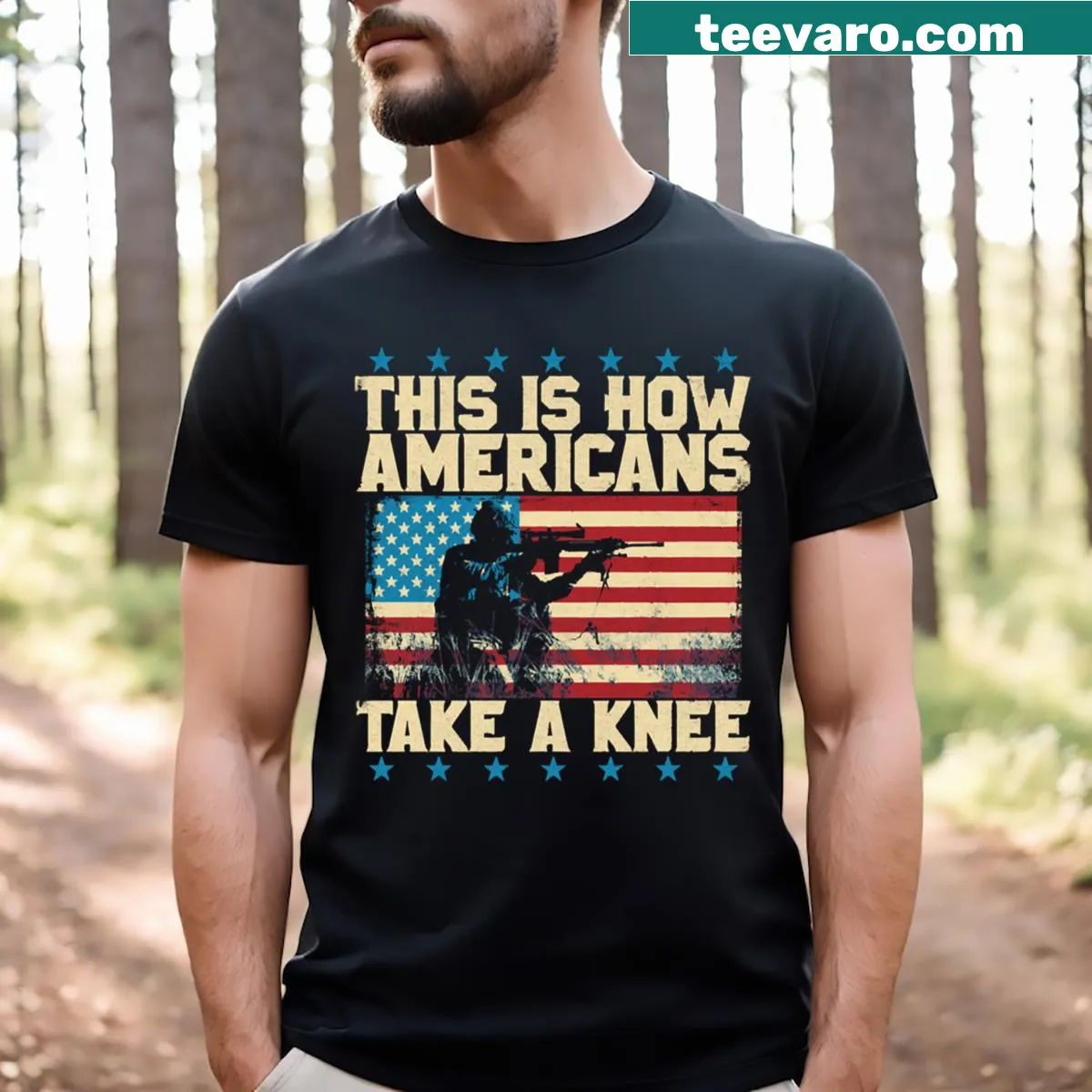 T-shirt featuring the phrase 'This Is How Americans Take A Knee' in bold letters — on a men's t-shirt