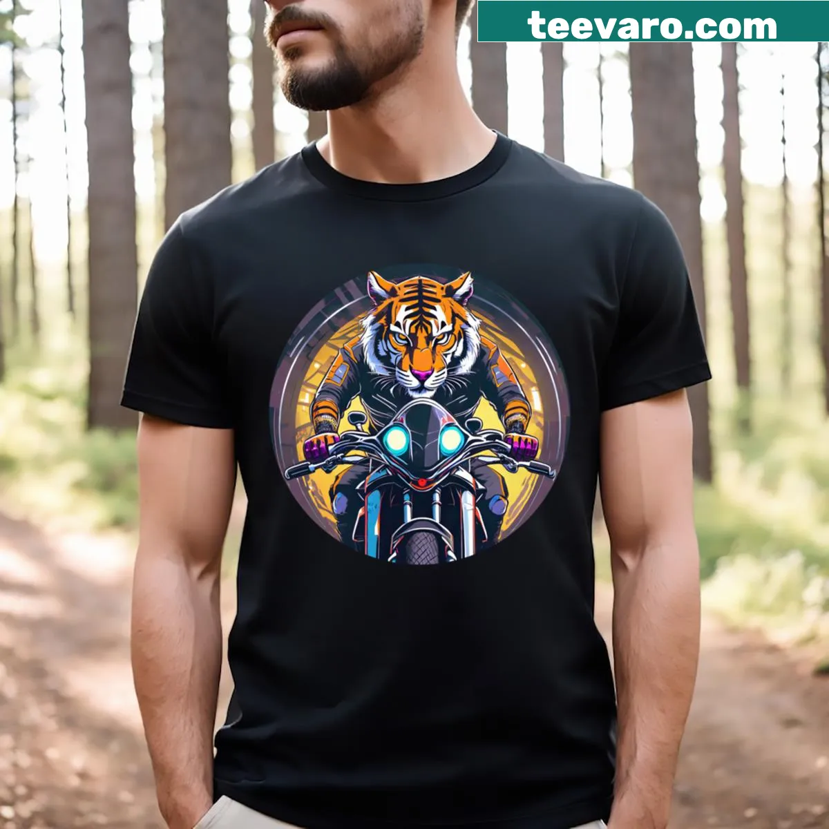 Illustration of a tiger riding a motorcycle on a t-shirt — on a men's t-shirt