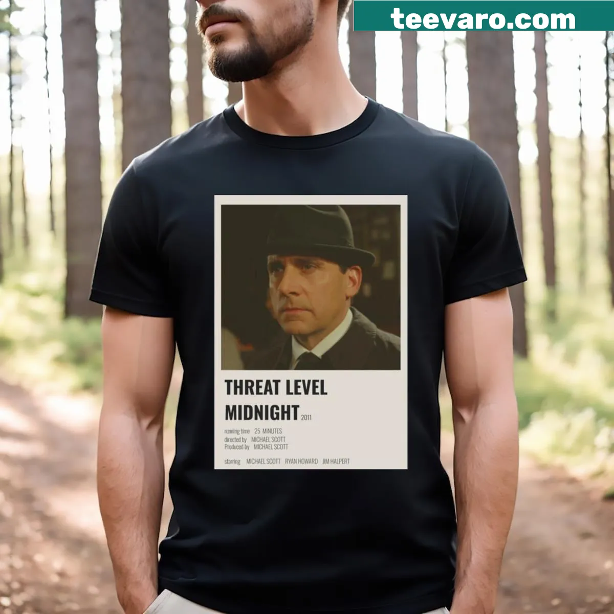 Cartoon design featuring Threat Level Midnight from The Office — on a men's t-shirt